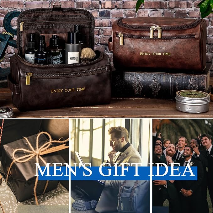 Flycalf Mens Toiletry Travel Bag Customized Mens Leather Toiletries Grooming Bag - Image 3