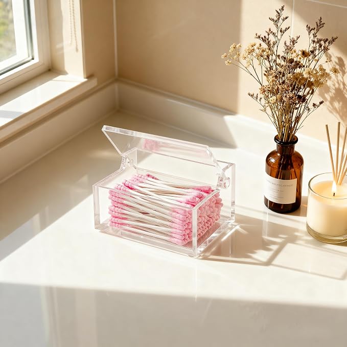 Clear Acrylic Qtip Holder with Lid, Cotton Balls Swab Organizer, 3.9" x 2.8" x - Image 7