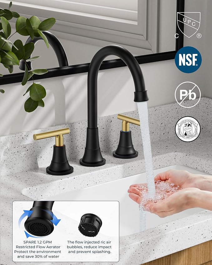 FORIOUS 8 Inch Widespread Bathroom Faucet Black and Gold, 2 Handle Mix Color Rv - Image 2