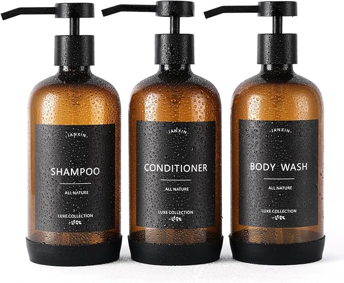 Shampoo and Conditioner Dispenser Set of 3, Refillable 21oz Shampoo Bottles by Janxinmakeyouloveyourhome