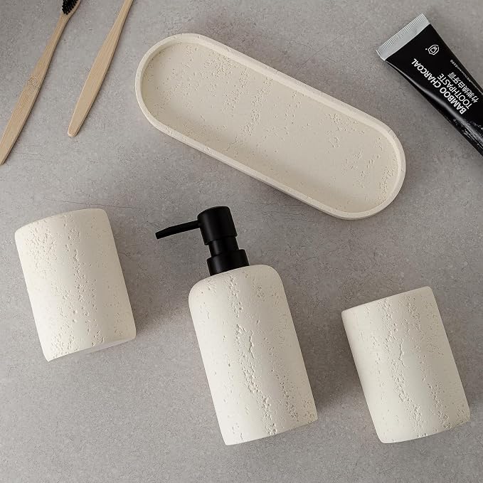 Bathroom Accessories Set, 4 Piece Travertine Stone Look Collection, Modern Bath - Image 7