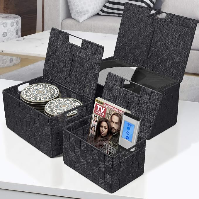 Sorbus Set of 3 Black Woven Storage Baskets - Image 2