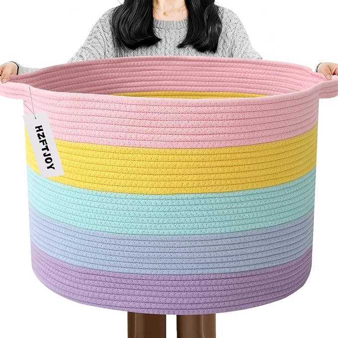 65L Large Blanket Basket, 19.7" L x 19.7" W x 13" H Rope Woven Baskets by HZFTJOY