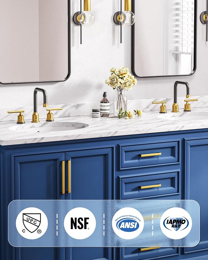 Black and Gold Bathroom Faucet: WOWOW Widespread Bathroom Sink Faucet 3 Hole - Image 2