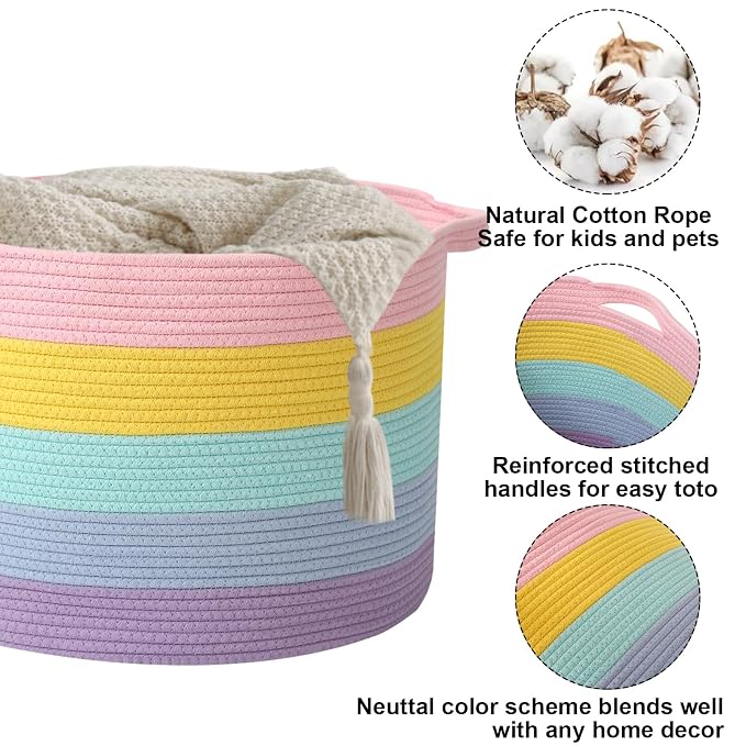 115L Large Blanket Basket, 23.6" L x 23.6" W x 15.7" H Rope Woven Baskets - Image 3