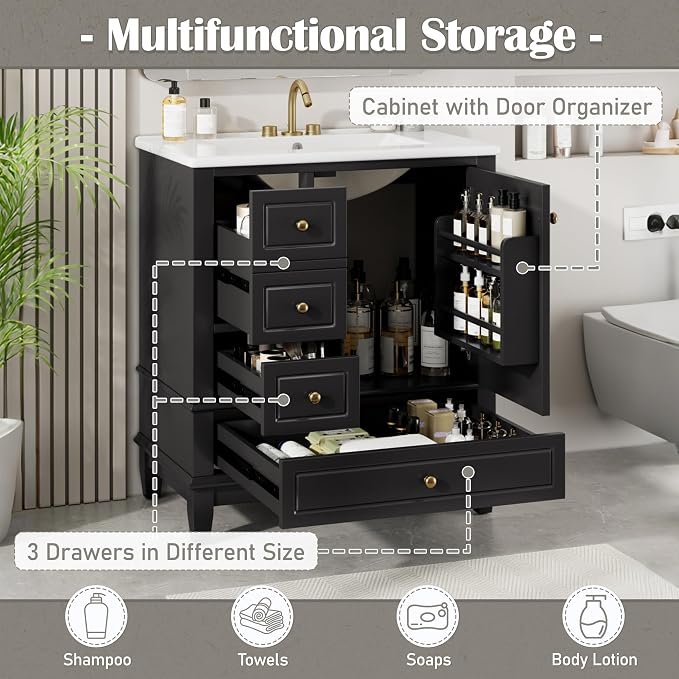 30" Bathroom Vanity with Sink, Harper & Bright Designs Free Standing Single - Image 6