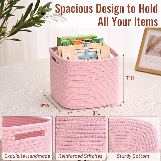3 Pack Cube Storage Bin, 9”x9”x7” Cotton Rope Woven Baskets - Image 4