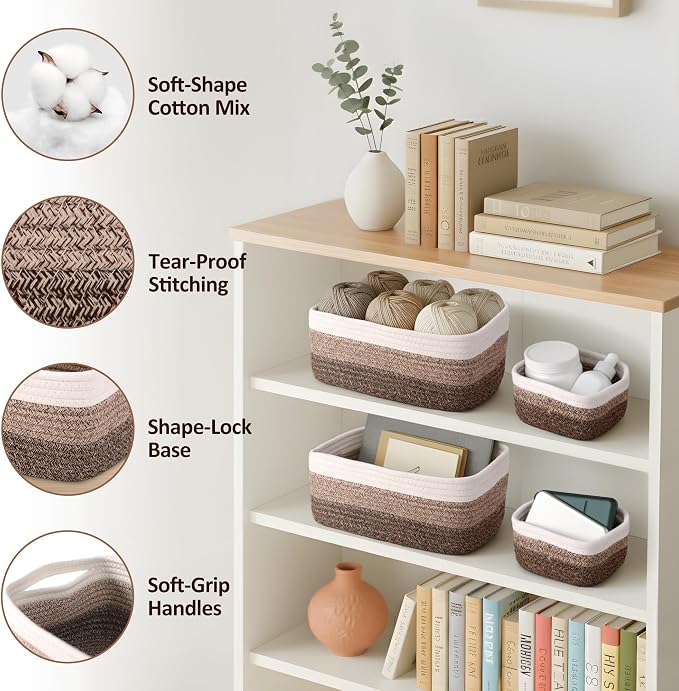 5-Pack Small Woven Rope Storage Baskets – 2 Sizes Organizer Bins - Image 3
