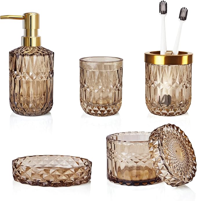 Brown Bathroom Accessories Set, Lotion Soap Dispenser, Toothbrush Holder Set by LaMarriti