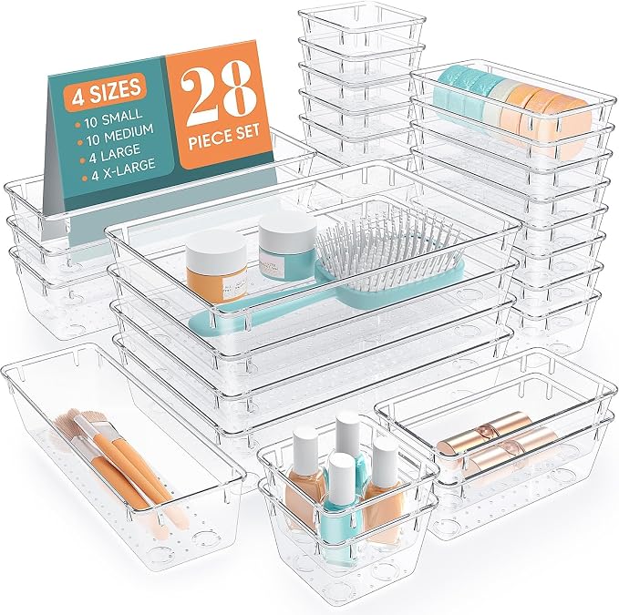 28 PCS Clear Plastic Drawer Organizers Set, 4 Size Desk Drawer Organizer Trays by StorMiracle
