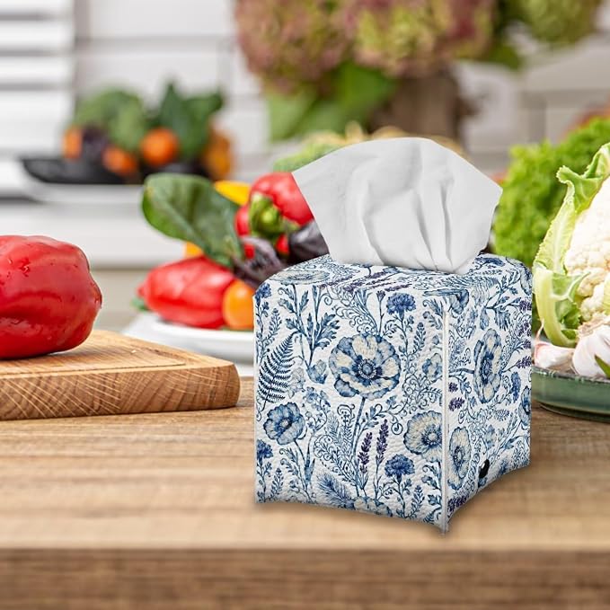 Blue Flowers Tissue Box Holder Square PU Leather Tissue Organizer Case - Image 5