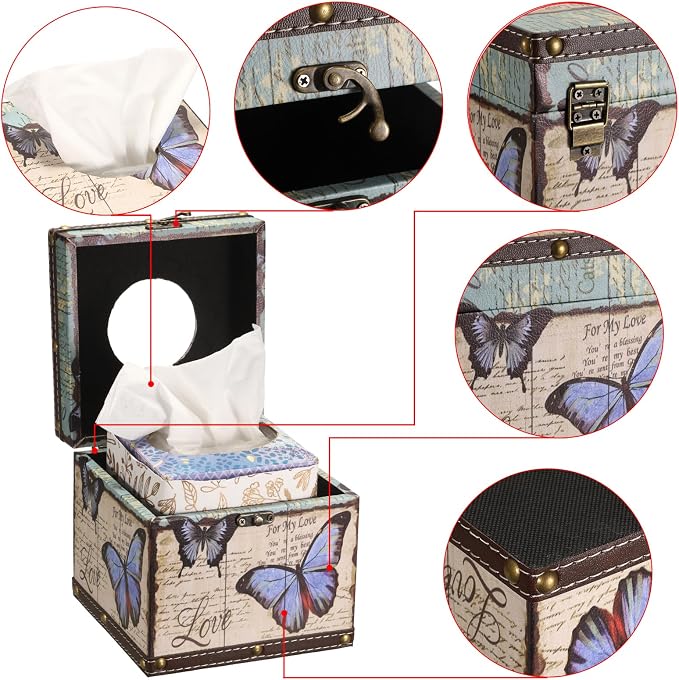 Sumnacon Tissue Box Retro Wood Square Tissue Box Cover Vintage Cube Tissue Box - Image 4