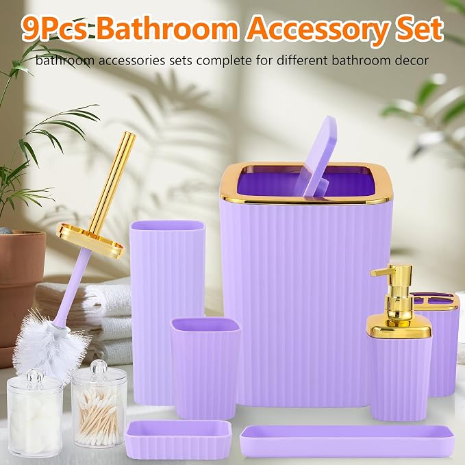 Bathroom Accessory Set, 9 Pieces Purple Bathroom Accessories Set - Image 2