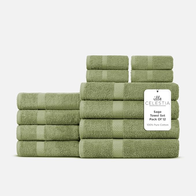100% Cotton Bath Towel Set of 12-4 Bath Towels, 4 Hand Towels, 4 Wash Cloths by VillaCelestia