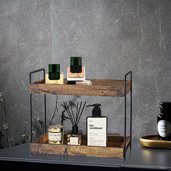 2 Tier Bathroom Counter Organizer Wood Bathroom Storage Shelf Spice Rack - Image 6