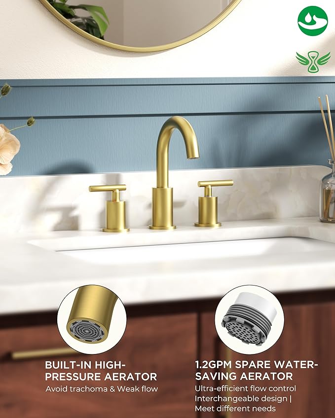 FORIOUS 2 Pack 8 Inch Widespread Brushed Gold Bathroom Faucet 3 Hole, 2 Handle - Image 2