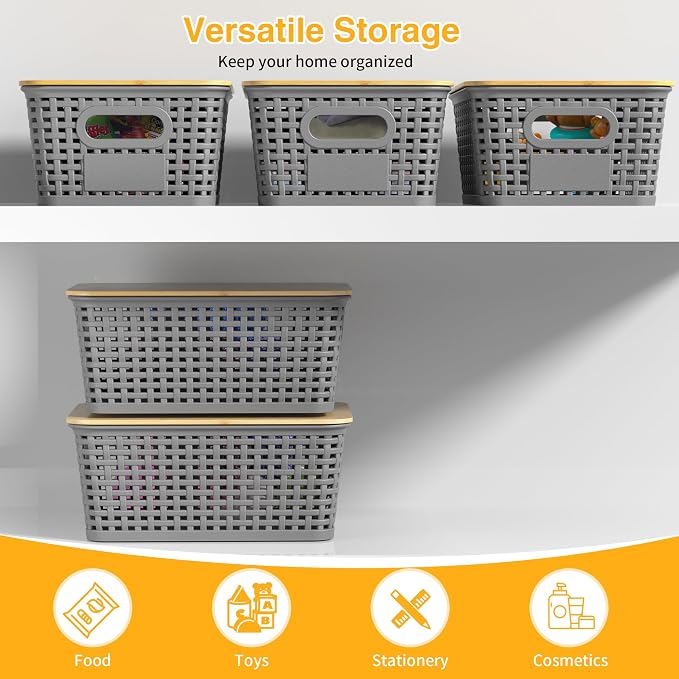 Plastic Storage Baskets with Bamboo Lids and Labels, Stackable Storage - Image 6