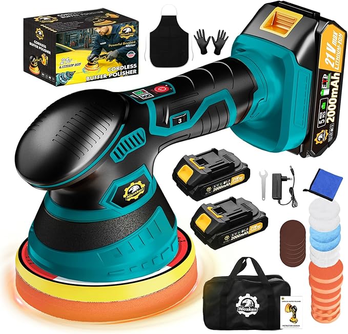 Cordless Car Buffer Polisher kit 6-Speed Orbital Design, LED Display, by Niusken