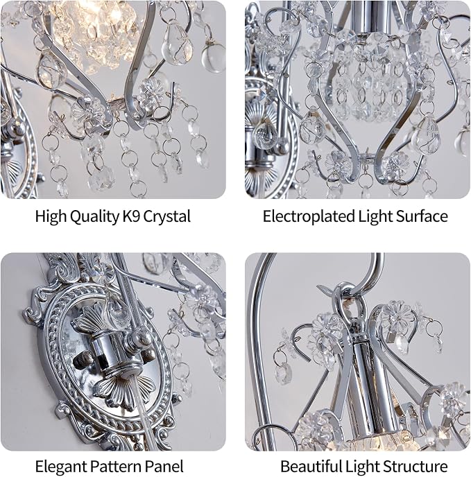 Silver Crystal Vintage Plug in Wall Sconces Set of 2 Indoor Wall Light Fixture - Image 7