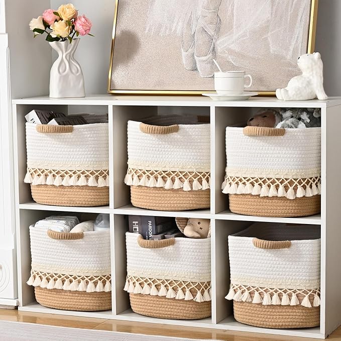 2 Pack Storage Basket for Shelves, Boho Cotton Rope Storage Bins - Image 6