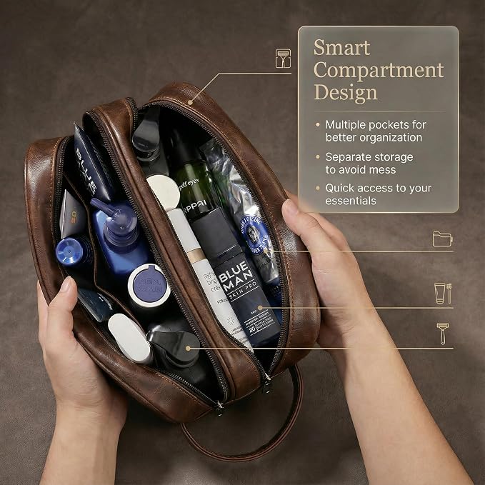 Men’s Toiletry Bag Travel Dopp Kit–double-deck PU Leather Water-Resistant - Image 3