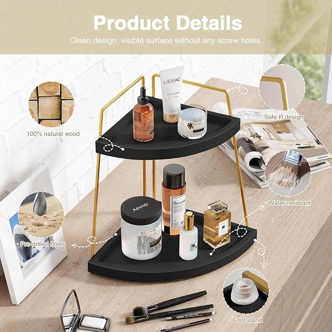 Forbena Black and Gold Corner Bathroom Counter Organizer, Modern Kitchen - Image 4