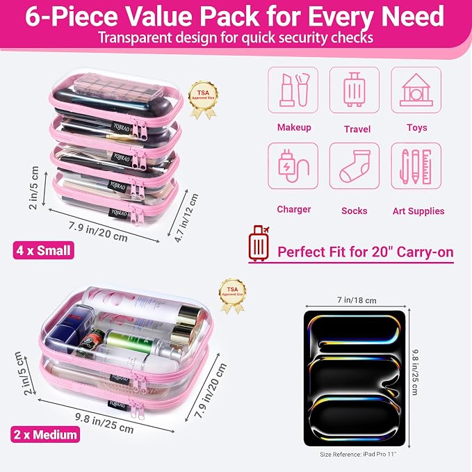 6 Pack Clear Hard Shell Zipper Case, Hard Plastic Organizer Pouches - Image 4