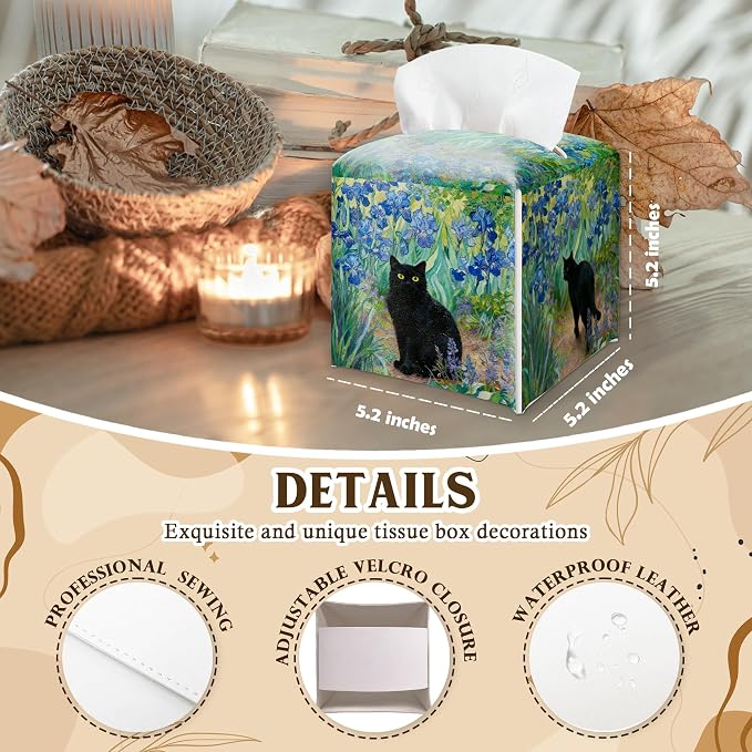 Black Cat & Blue Flowers Design Tissue Box Cover - Image 2