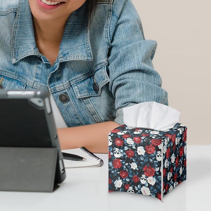 Red Rose Skull Modern Tissue Box Holder, Waterproof Square PU Leather Napkin - Image 6