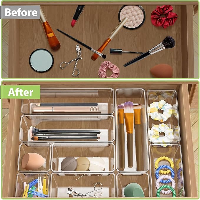 25 Piece Clear Drawer Organizer Set, 4 Sizes Bathroom Vanity Organizer Trays - Image 5