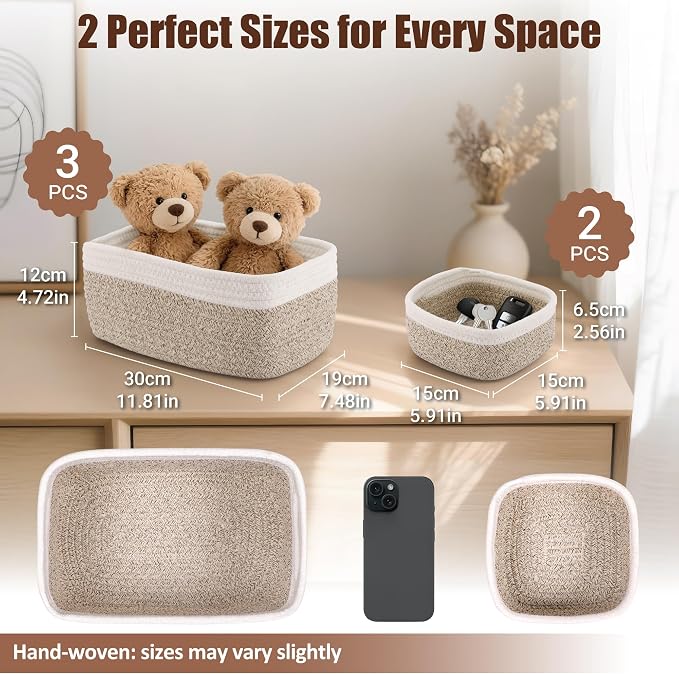 5-Pack Small Woven Rope Storage Baskets – 2 Sizes Organizer Bins - Image 2