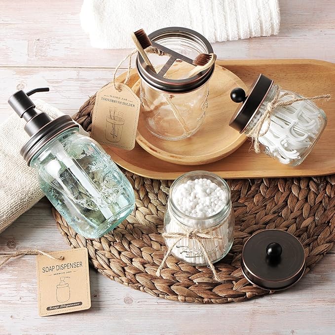 Amolliar Mason Jar Bathroom Accessories Set 4 Pcs -Lotion Soap Dispenser & 2 - Image 5