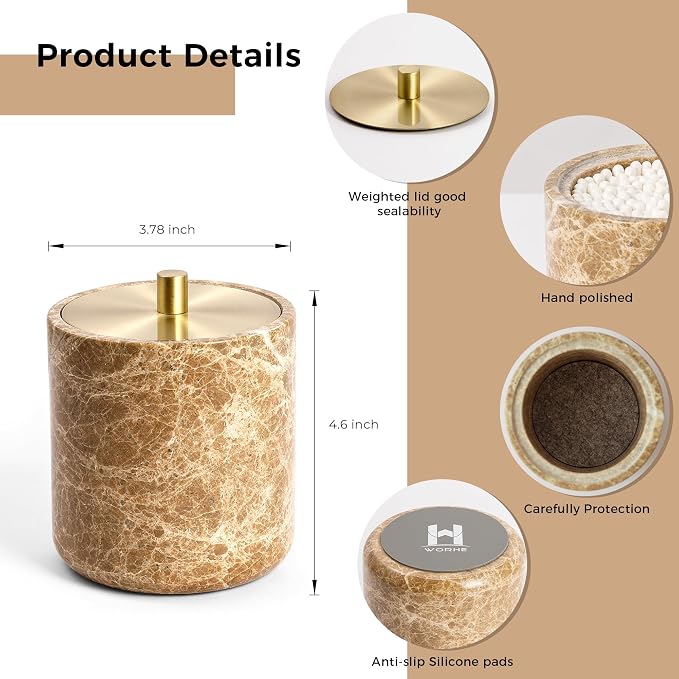 WORHE Marble Qtip Holder with Brass Lid - Image 3