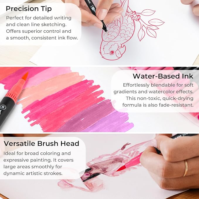 Pink Duo Tip Marker Pens, 12 Pack Fine & Brush Markers - Image 3