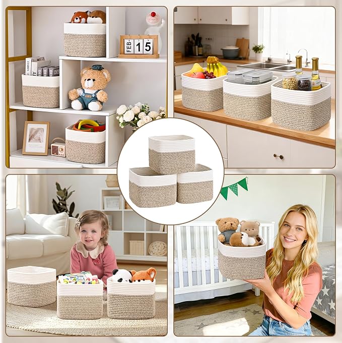 3 Pack Cube Storage Bin, 9”x9”x7” Cotton Rope Woven Baskets - Image 7