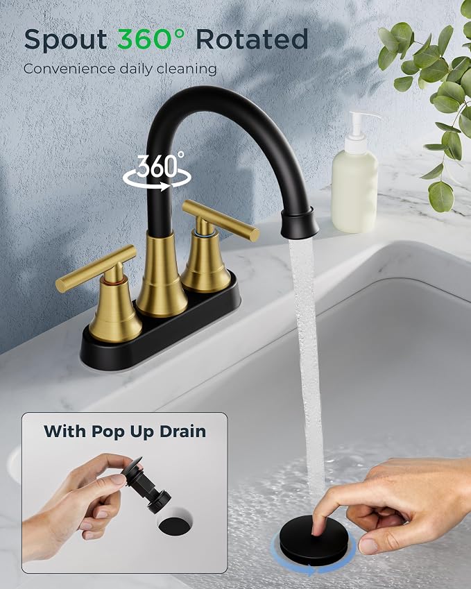 FORIOUS Black and Gold Bathroom Faucets, 4 Inch Centerset Bathroom Sink Faucet - Image 6
