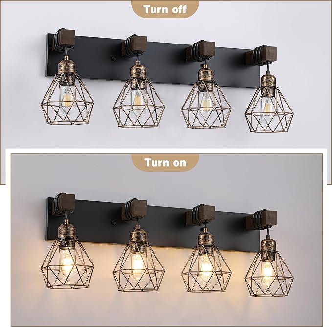 Farmhouse Bathroom Vanity Light Fixtures, 4-Light Black Gold Bathroom Light - Image 6