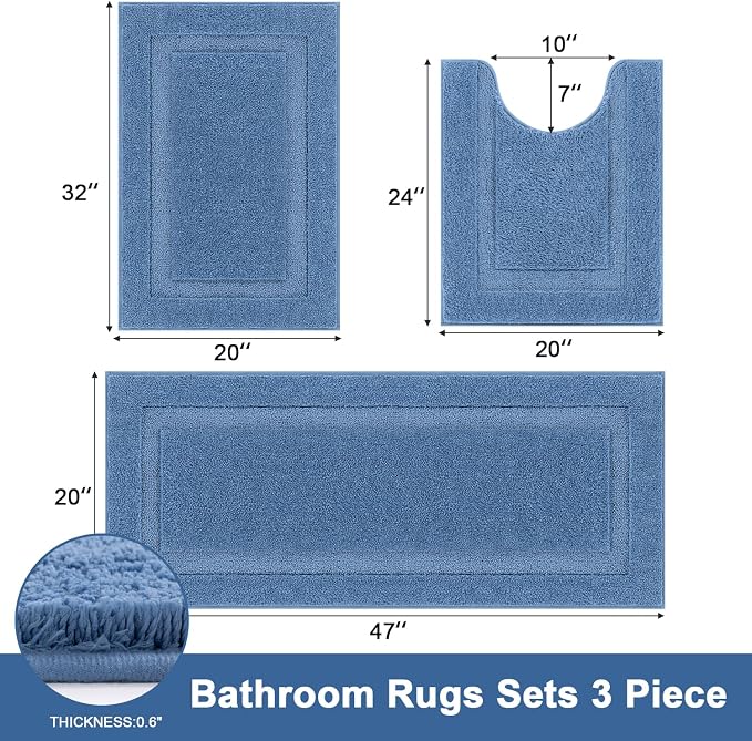 SHACOS Blue Bathroom Rugs Sets 3 Piece, Soft Fluffy Water Absorbent Bathroom - Image 3