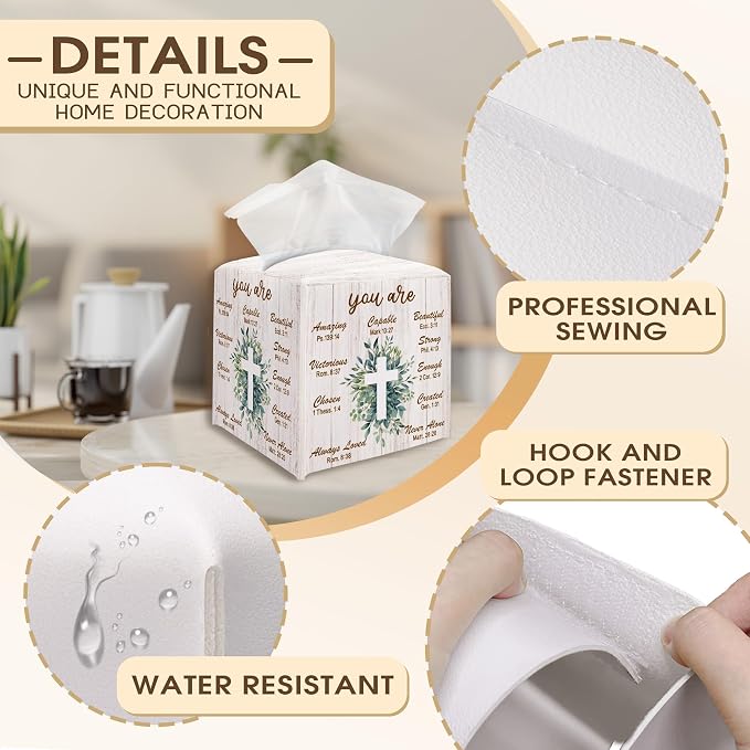 Bible Verse Decorative Tissue Box Cover Square, Leaves Tissue Box Cover Holder - Image 2