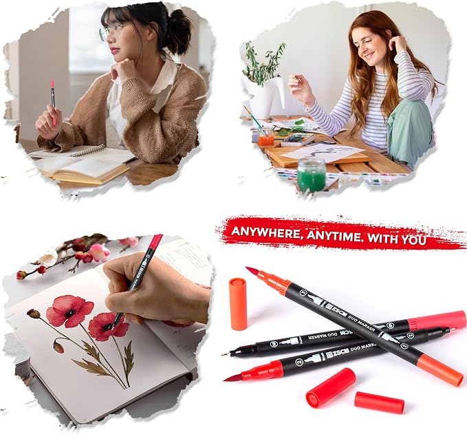Red Duo Tip Marker Pens, 12 Pack Fine & Brush Markers - Image 7