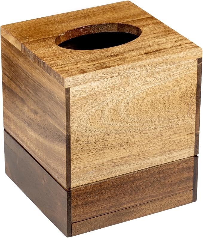 MyGift Premium Dual Tone Solid Acacia Wood Square Bathroom Facial Tissue Box - Image 6
