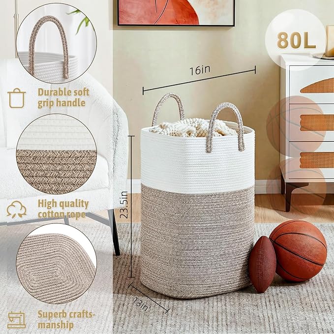Laundry Basket, Woven Cotton Rope Laundry Hamper, Versatile Storage - Image 2