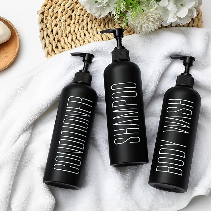 HOMCDALY Black Shampoo and Conditioner Dispenser, 16oz 3-Pack Refillable Pump - Image 6