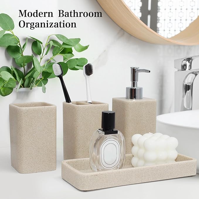 Bathroom Accessories Set, Soap Dispenser, Toothbrush Holder, Qtip Holder Set - Image 3