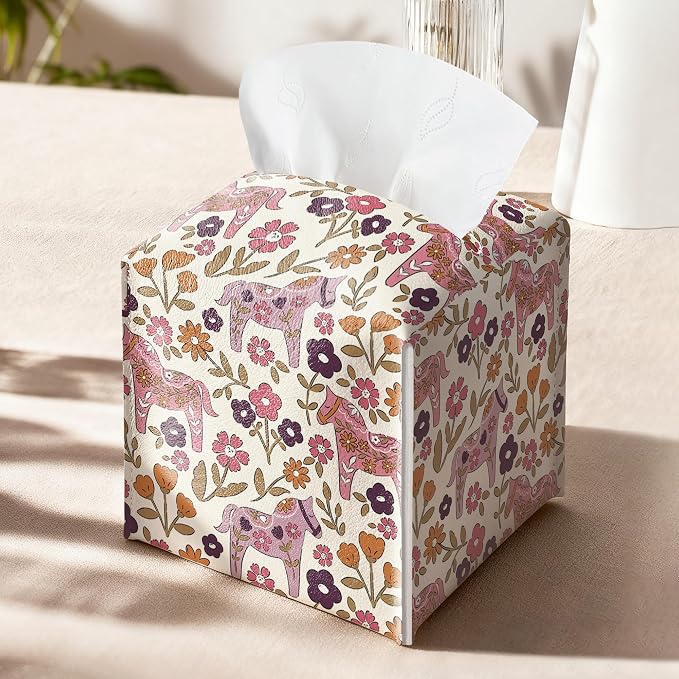 Vintage Floral Horse Tissue Box Cover, Square PU Leather Tissue Holder - Image 9