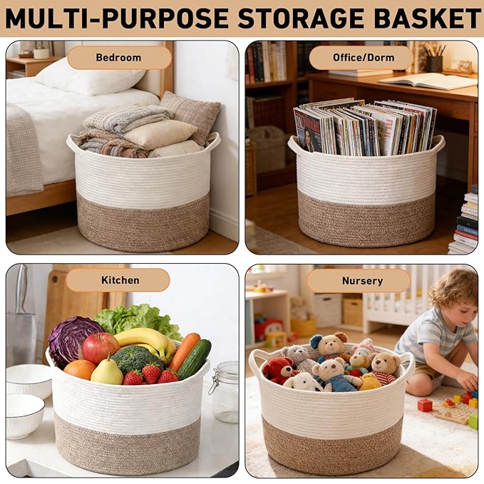 65L Large Blanket Basket, 19.7" L x 19.7" W x 13" H Rope Woven Baskets - Image 5