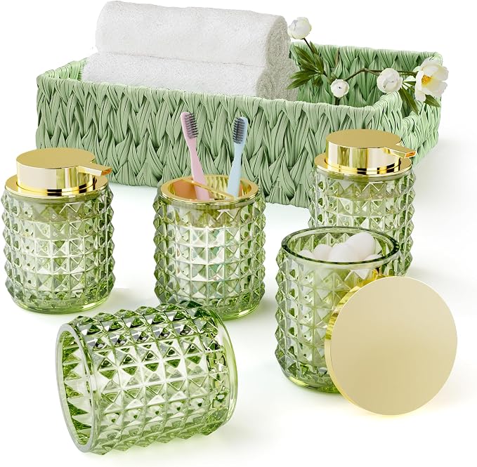 Bathroom Accessory Set with Plastic Wicker Basket, Glass Bathroom Accessories by BetterbathroomwithXLHOME
