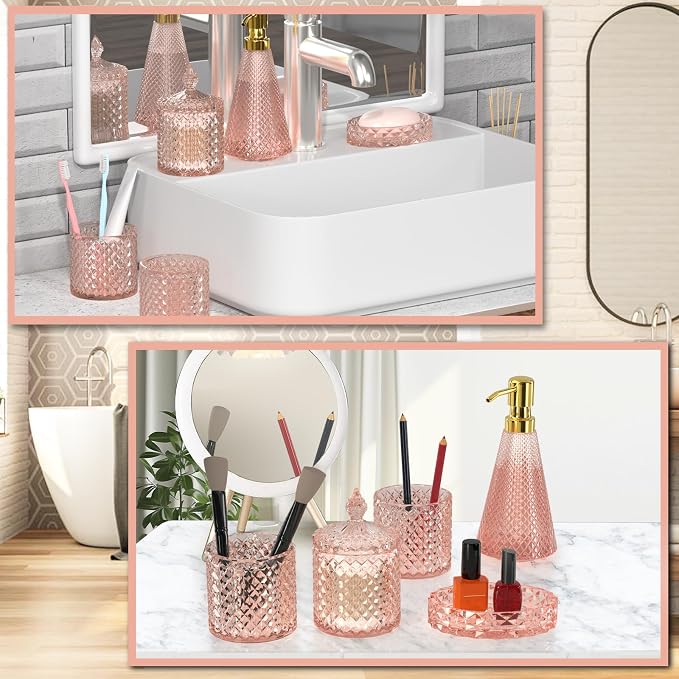 Pink Glass Bathroom Accessories Set 5 Pcs, Soap Dispenser and Toothbrush Holder - Image 7