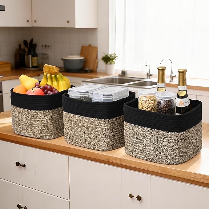 3 Pack Cube Storage Bin, 9”x9”x7” Cotton Rope Woven Baskets - Image 6