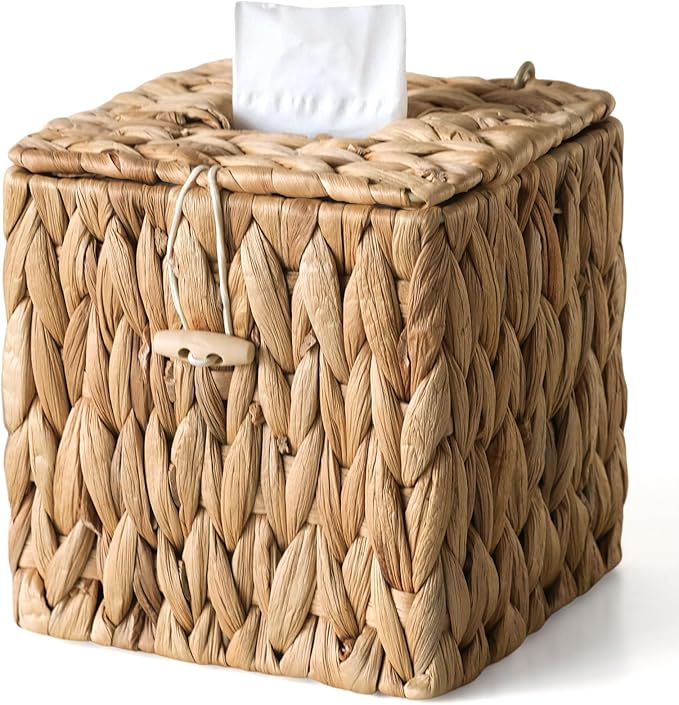 Rattan Tissue Box Cover with Lid, Wicker Tissue Box Holder Square, Hand Woven by S310